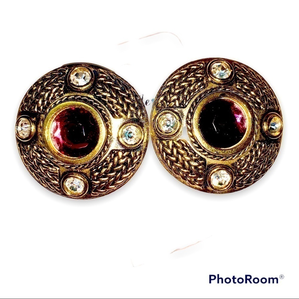 Unsigned Celtic Style Large Clip On Earrings Antique Gold Brass Purple